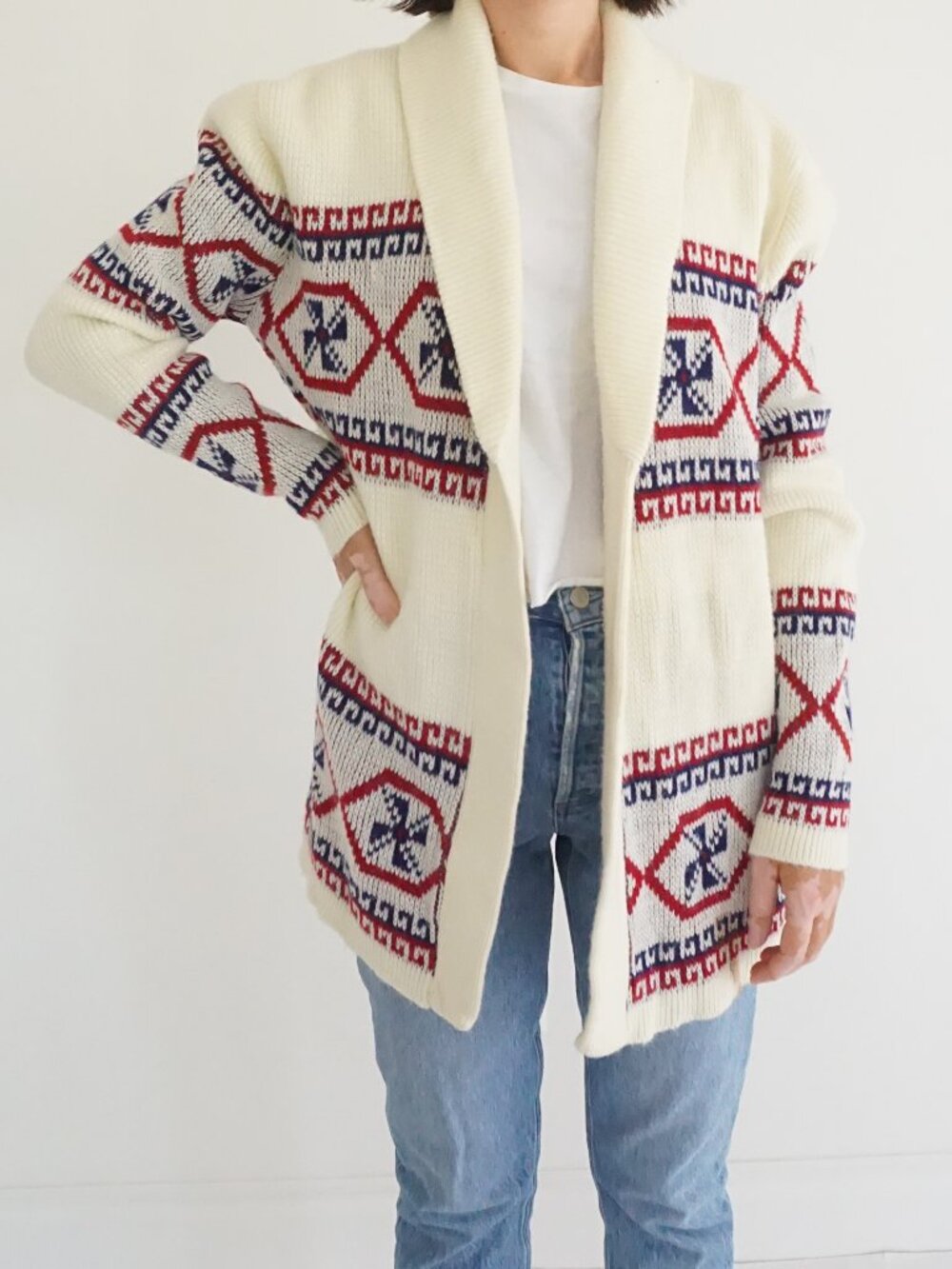 Vintage Fine Sportswear Cream Red Navy Fair Isle Geometric Shawl Cardigan L
